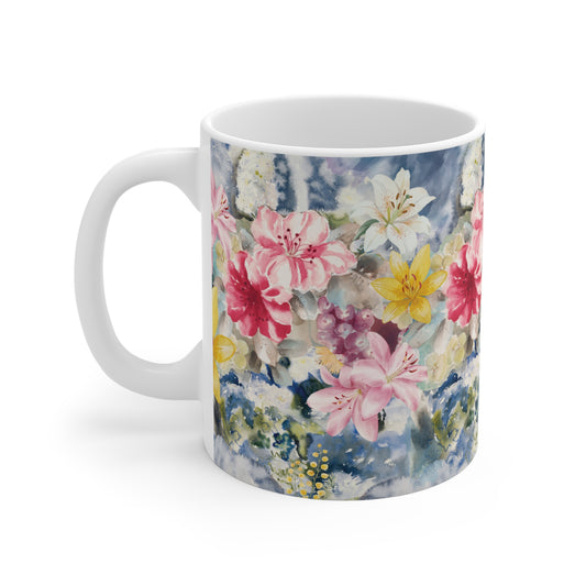 Coffee mug with floral watercolor design with pink and yellow lilies
