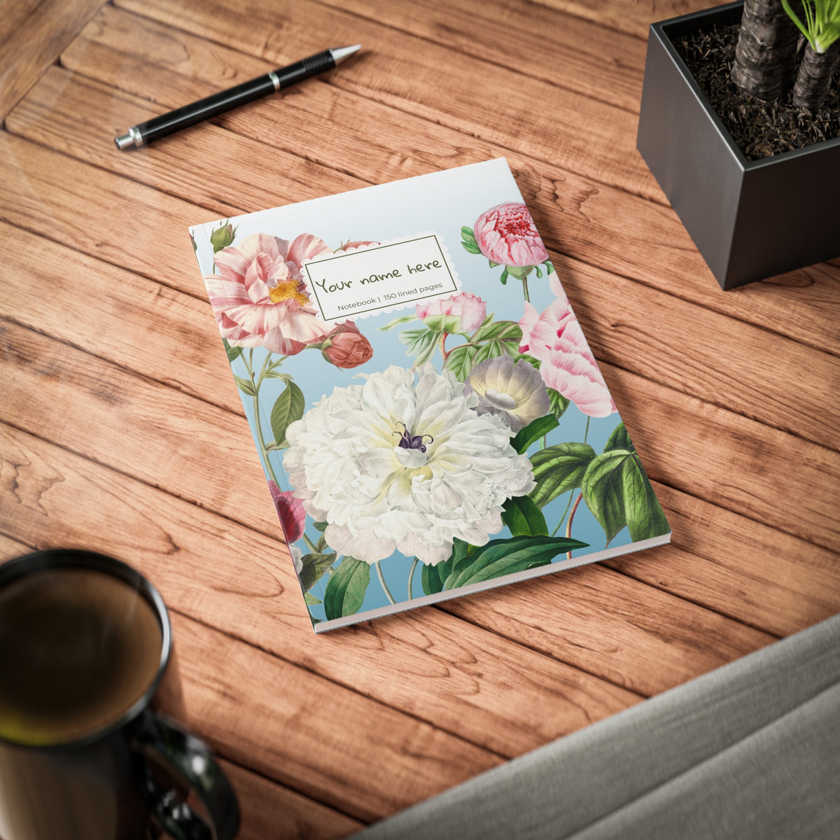 Floral Peony A5 Softcover Notebook | Personalized 'Your name here' Journal, Vintage Botanical Design