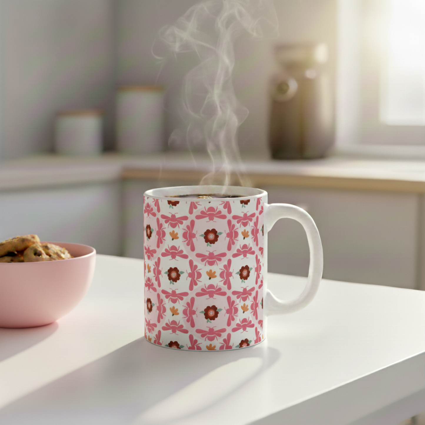 Pink Bees & Flowers Ceramic Mug