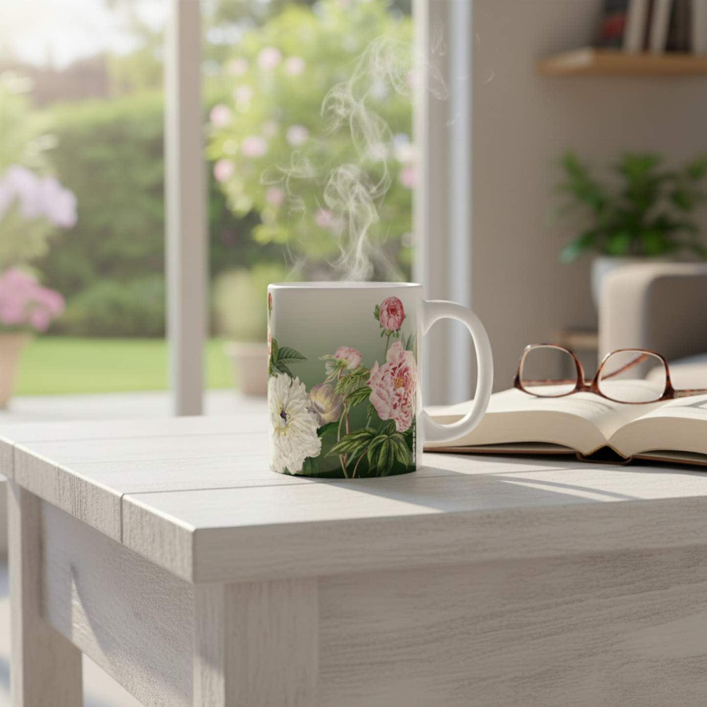 Vintage Peony Floral Green Ceramic Coffee Mug