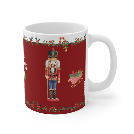 11oz ceramic Christmas mug with nutcracker, drum, sleigh, and songbook on dark red background Handle Right