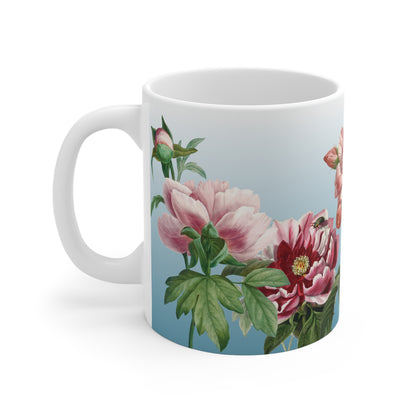 Vintage Peony Floral Blue Ceramic Coffee Mug