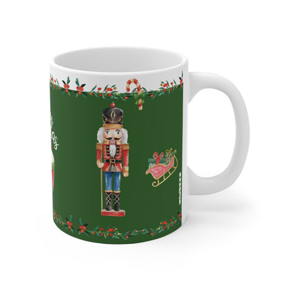 11oz ceramic Mug with Christmas nutcracker design on a green background