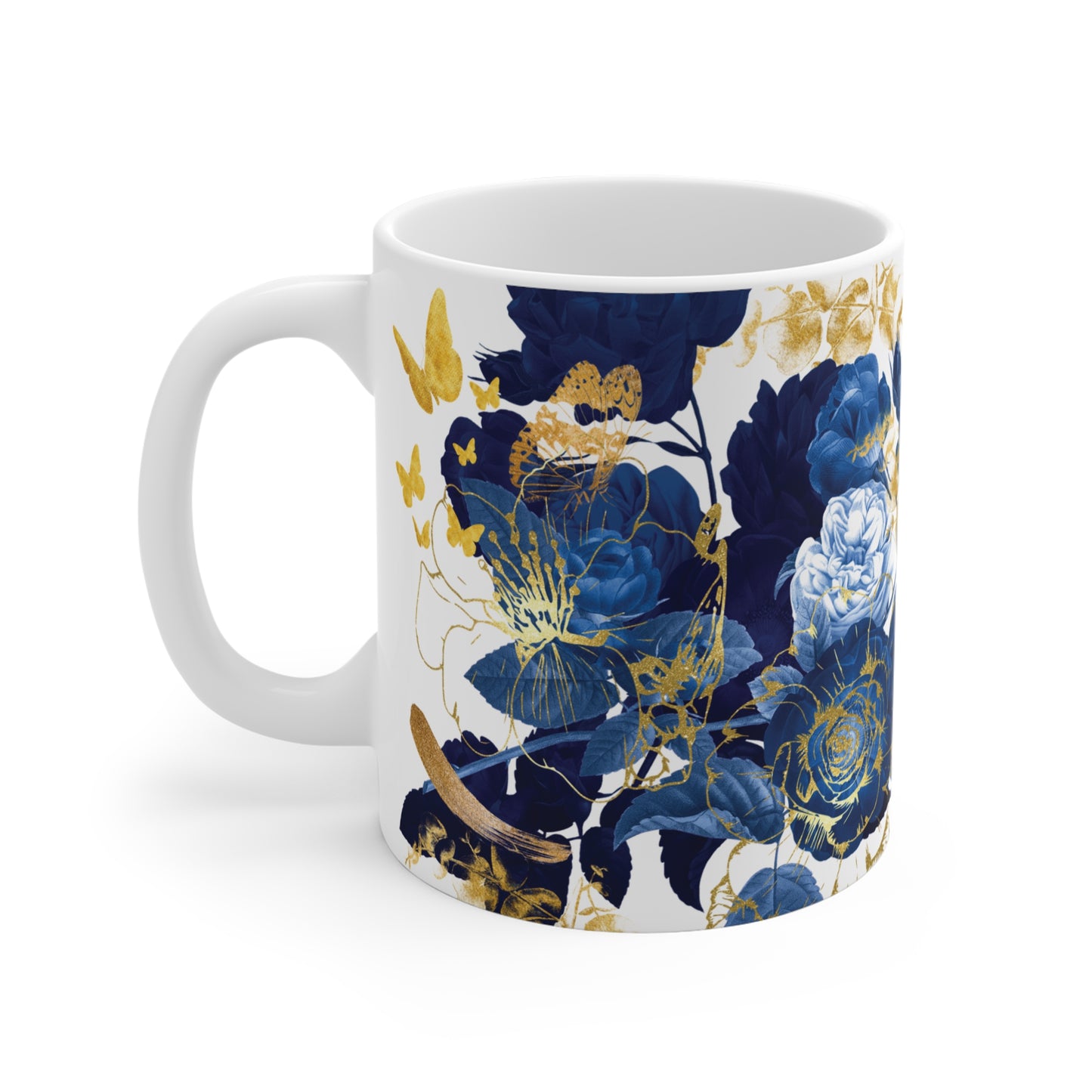Blue & Gold Floral Ceramic Mug with Butterflies