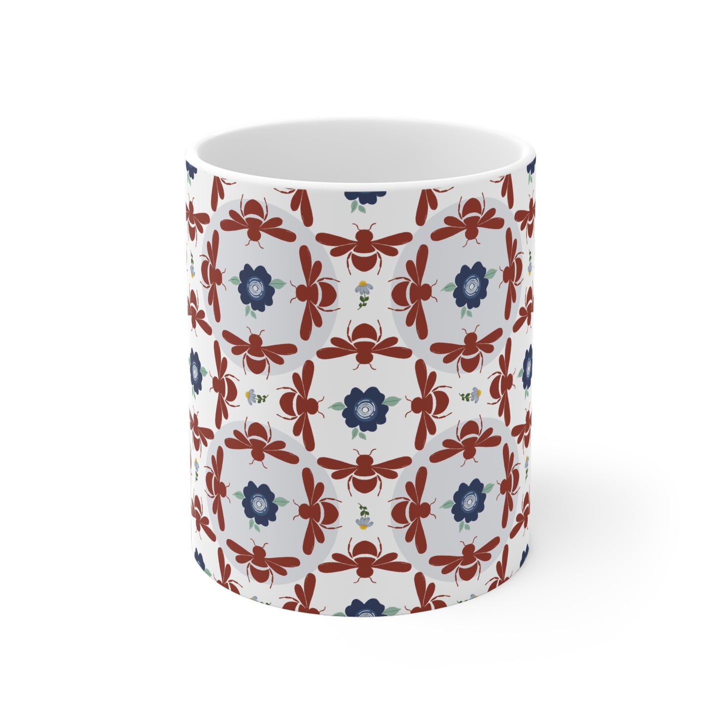 Geometrical Floral and Bees Ceramic Mug in Dark-Reddish Brown and Blue