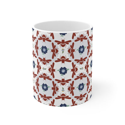 Geometrical Floral and Bees Ceramic Mug in Dark-Reddish Brown and Blue