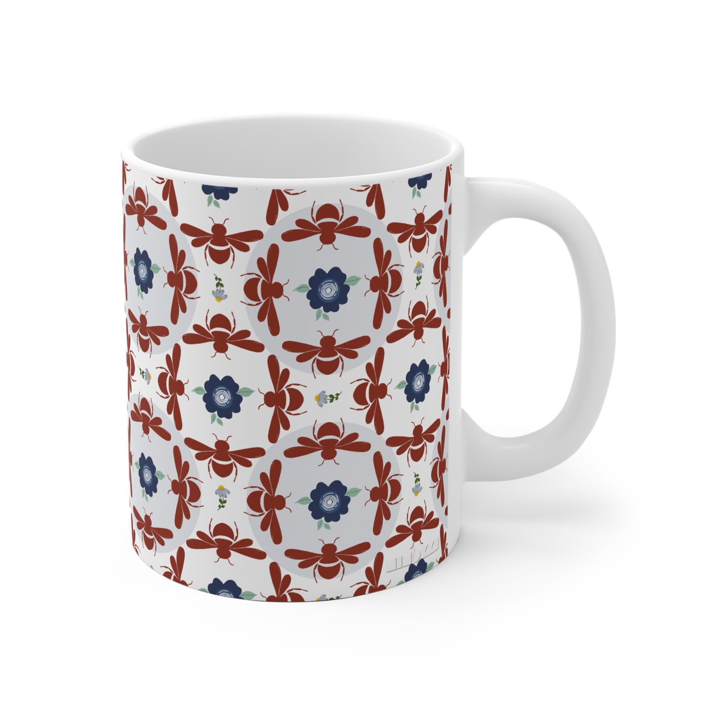 Geometrical Floral and Bees Ceramic Mug in Dark-Reddish Brown and Blue