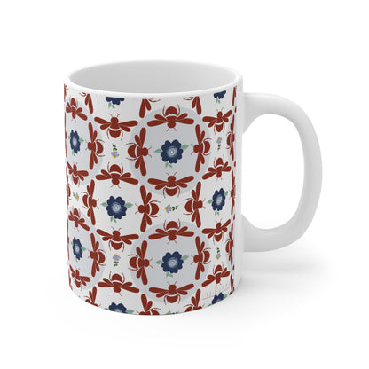 Geometrical Floral and Bees Ceramic Mug in Dark-Reddish Brown and Blue