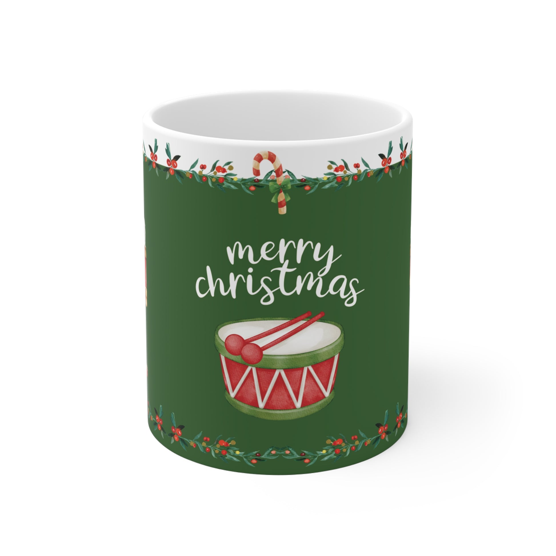 Green Holiday Coffee mug with 'merry christmas' text and drum design