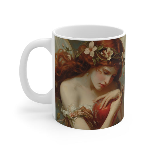 Vintage Romantic Valentine Mug with Floral Wreathed Maiden and Cupid left