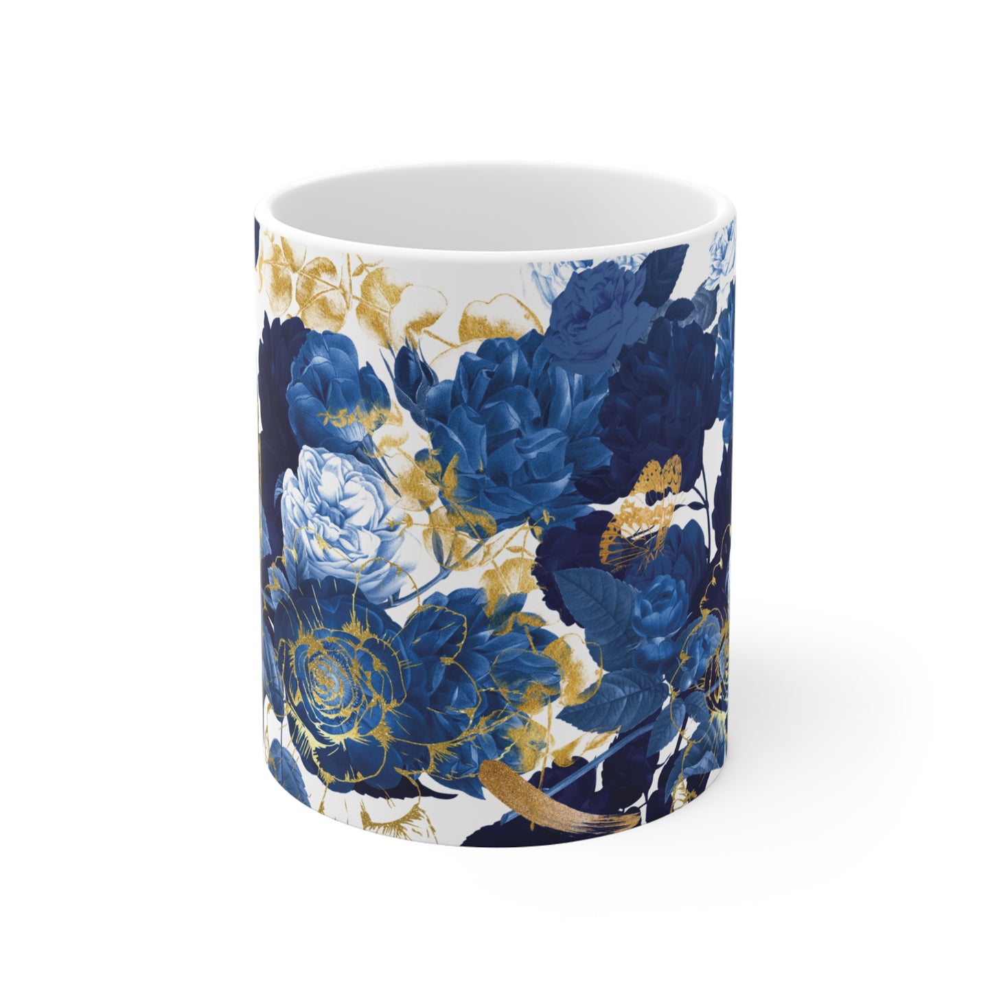 Blue & Gold Floral Ceramic Mug with Butterflies