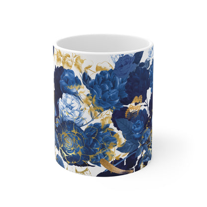 Blue & Gold Floral Ceramic Mug with Butterflies