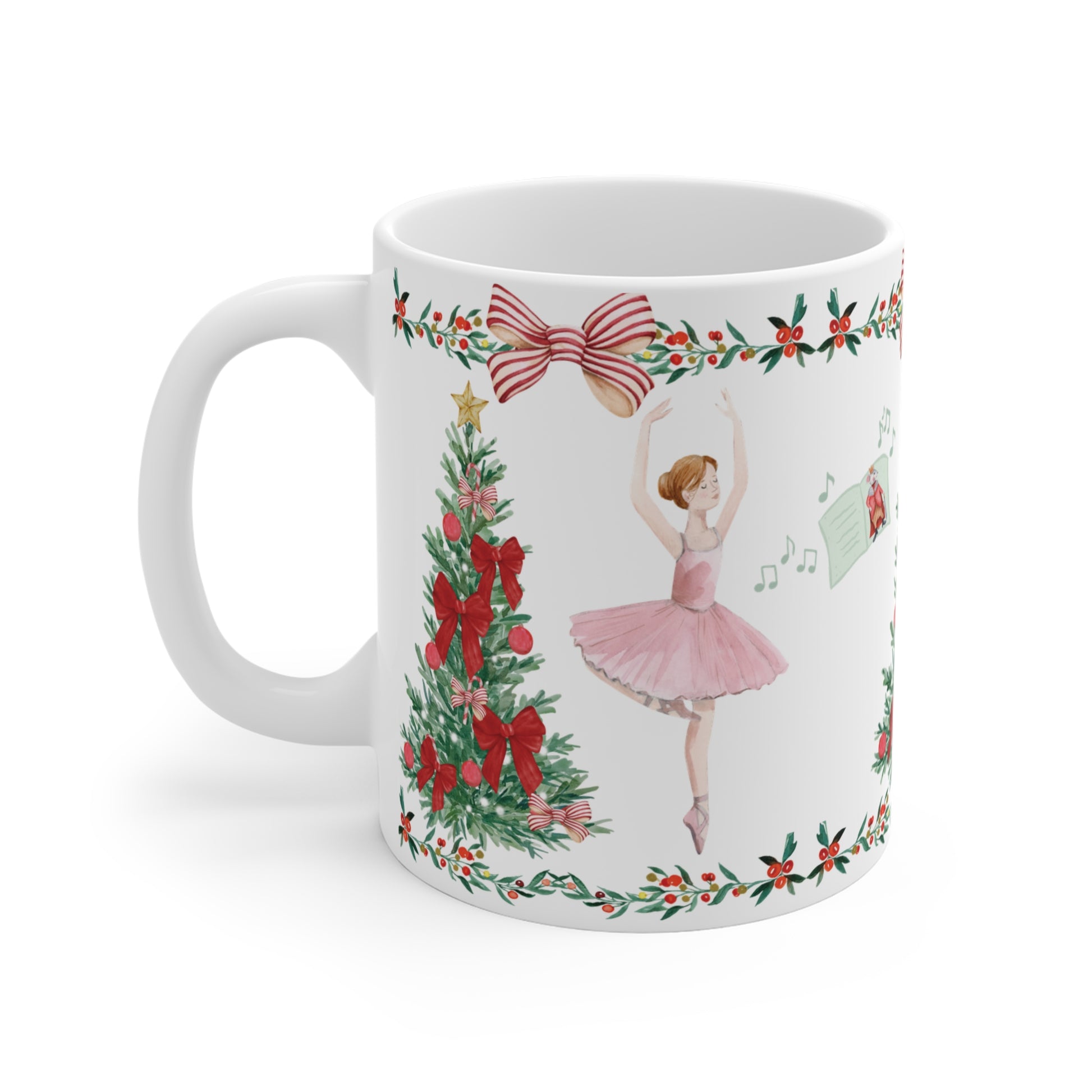 Holiday coffee mug with pink tutu ballet dancer and Christmas nutcracker