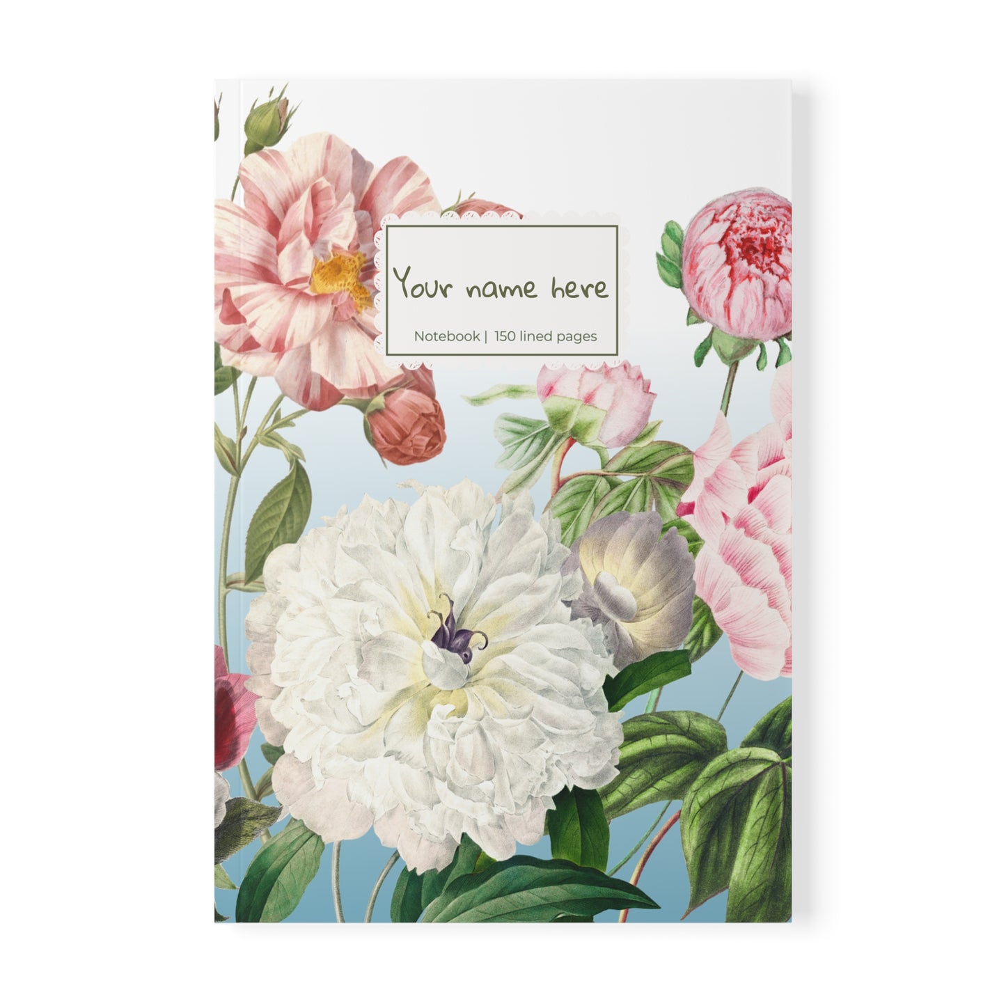 Floral Peony A5 Softcover Notebook  — Personalized 'Your name here' Journal, Vintage Botanical Design