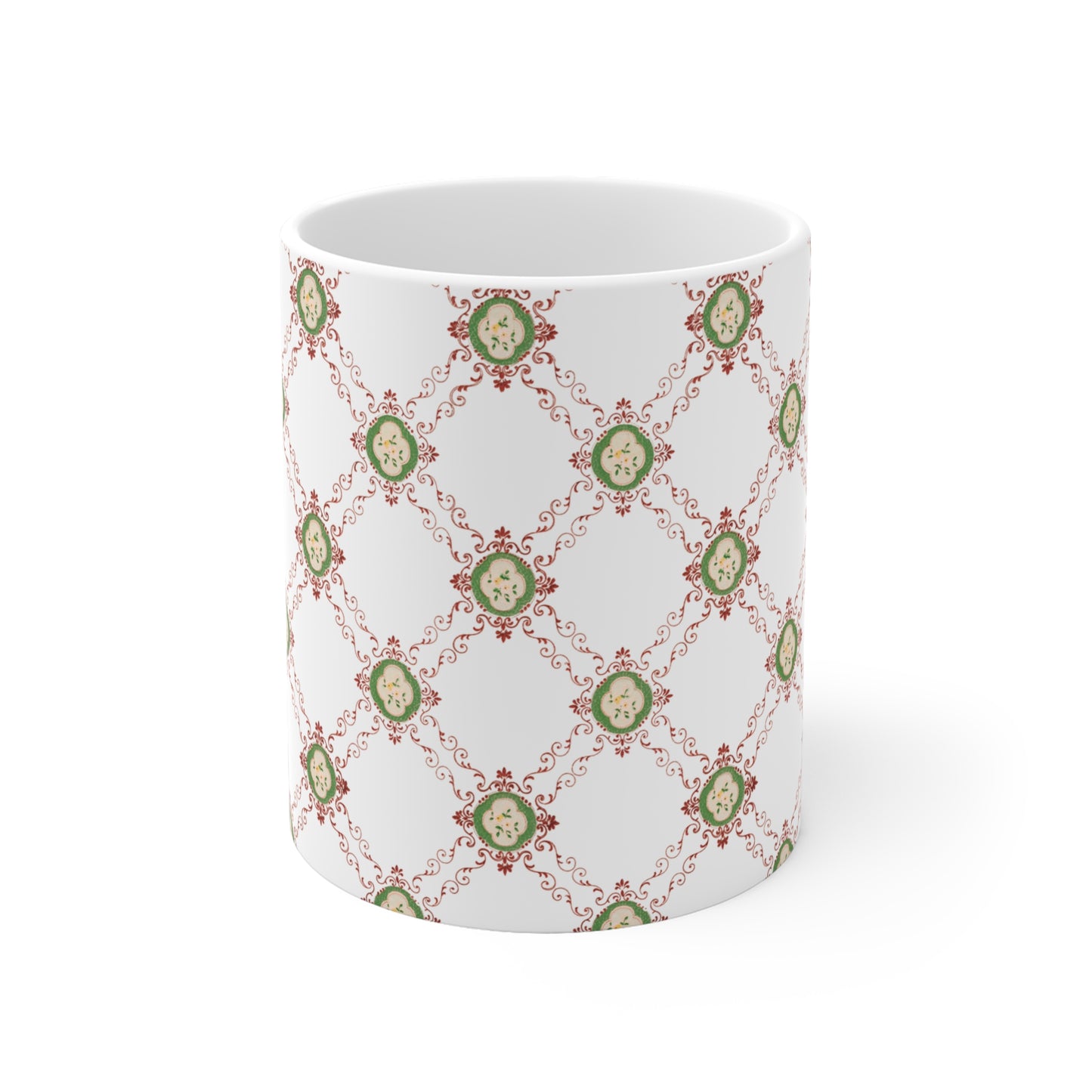 Victorian Floral Pattern Pink and Green (White) Ceramic Coffee Mug