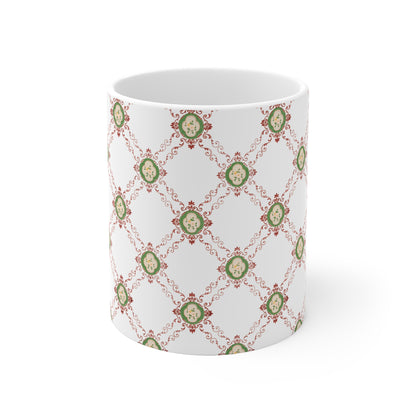 Victorian Floral Pattern Pink and Green (White) Ceramic Coffee Mug