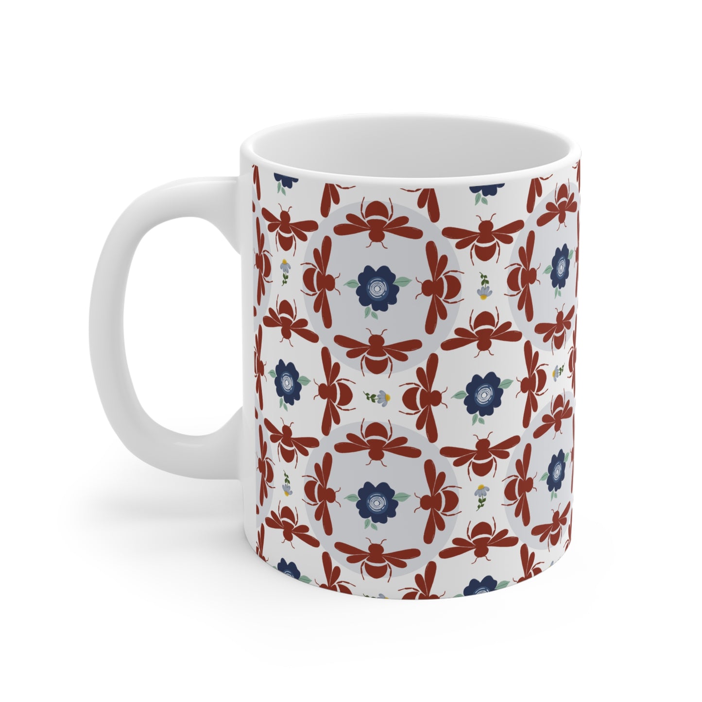 Geometrical Floral and Bees Ceramic Mug in Dark-Reddish Brown and Blue