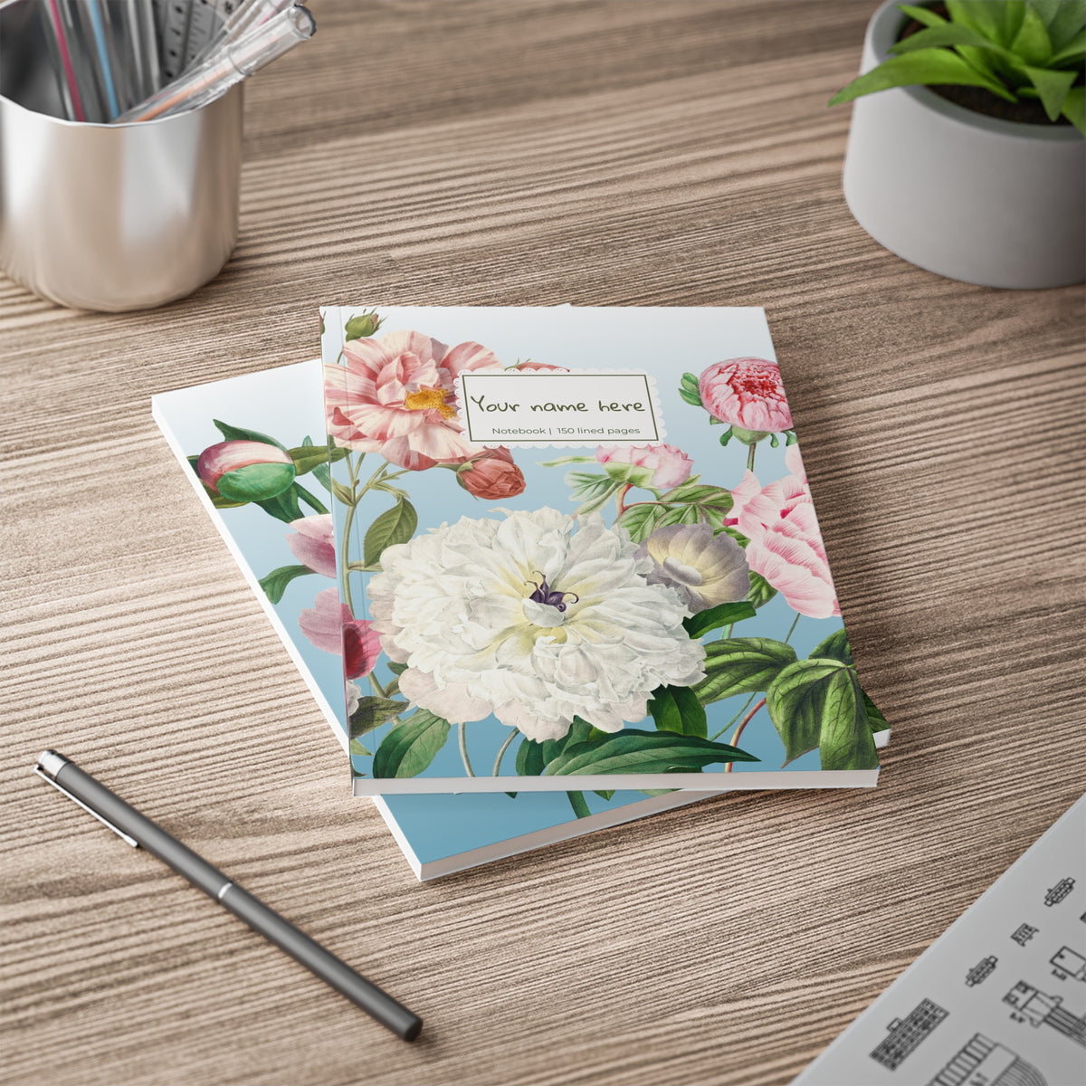 Floral Peony A5 Softcover Notebook | Personalized 'Your name here' Journal, Vintage Botanical Design