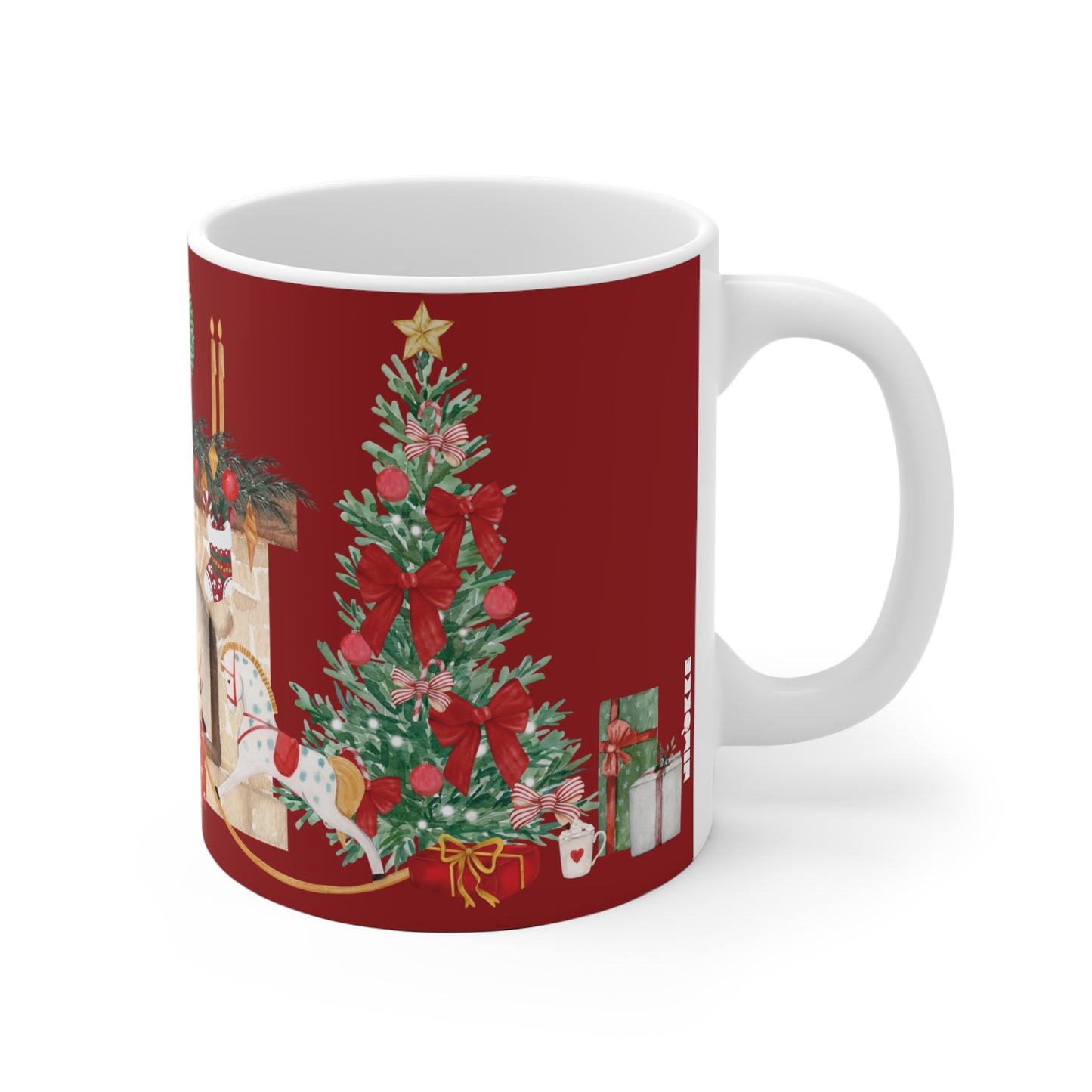 11oz Mug with Christmas tree and gift design on a red background