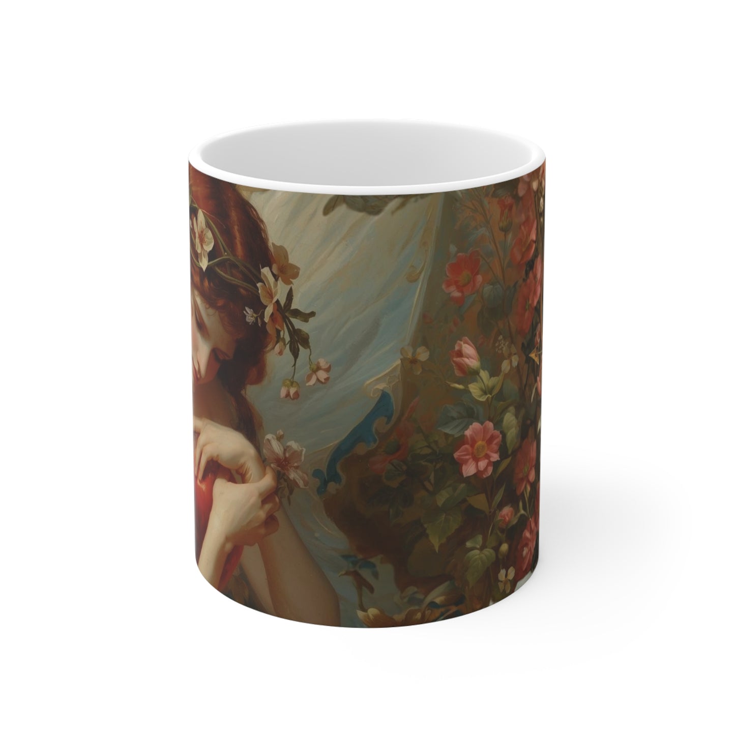 Vintage Romantic Valentine Mug with Floral Wreathed Maiden and Cupid front