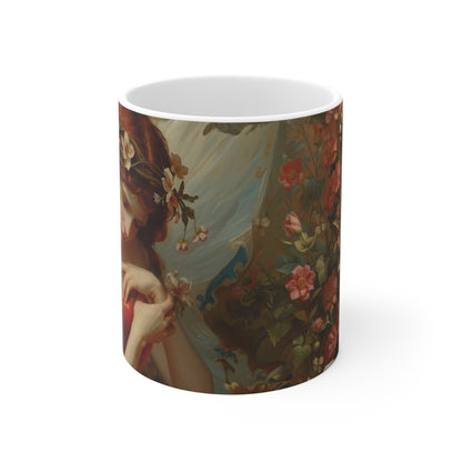 Vintage Romantic Valentine Mug with Floral Wreathed Maiden and Cupid front