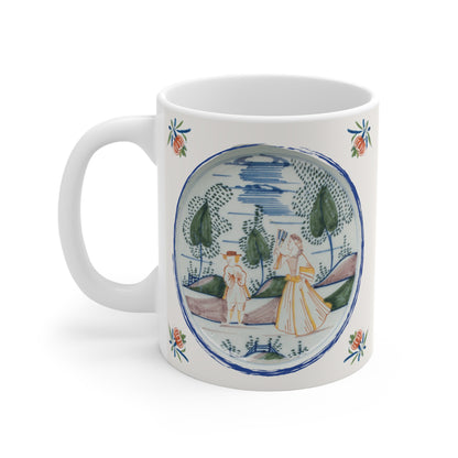 Tea mug with decorative design of a couple in a garden inspired by Delft Blue