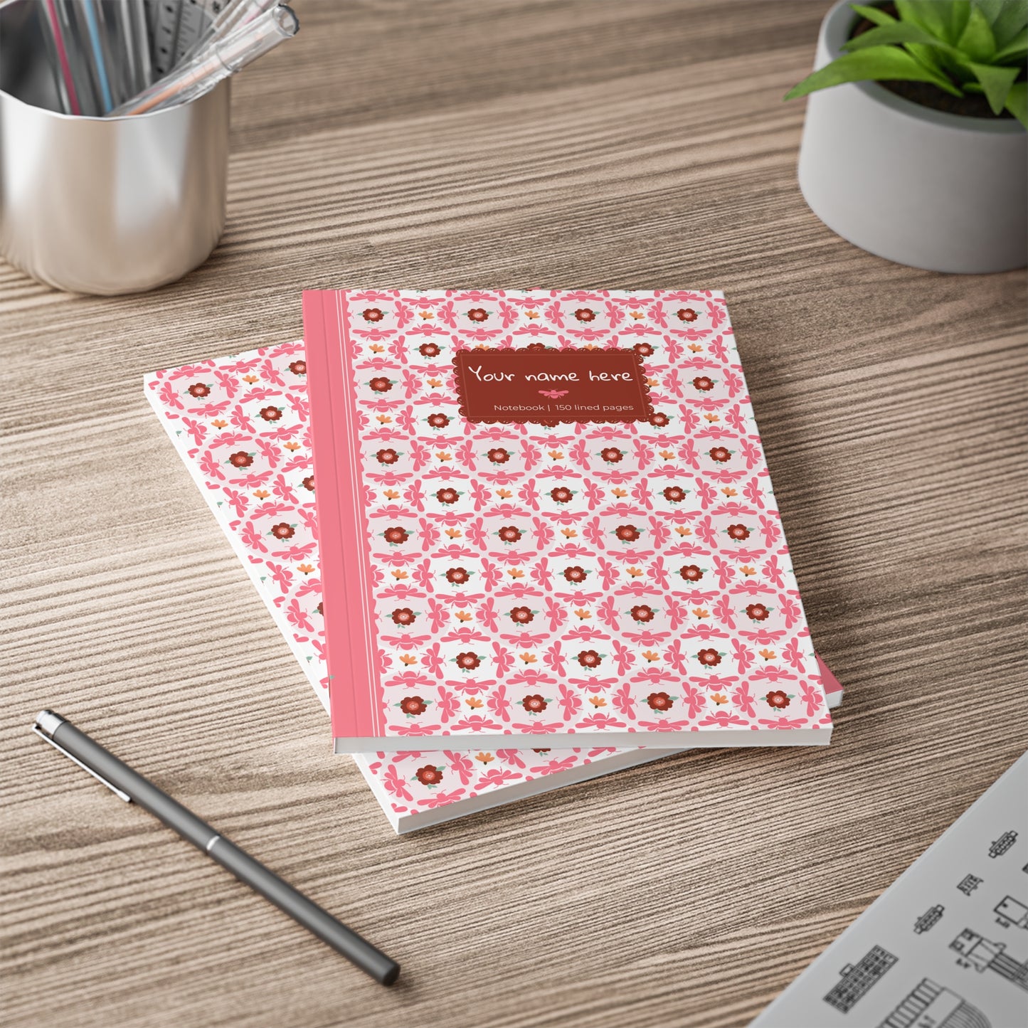 Softcover Notebook A5 Pink Bees & Floral Pattern — PERSONALIZED Decorative Journal