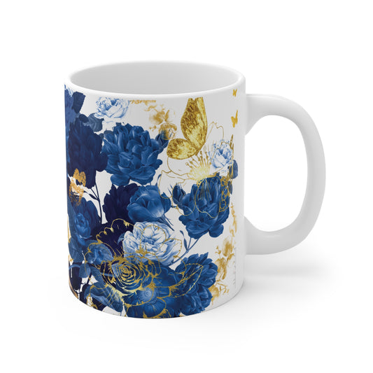 Blue & Gold Floral Ceramic Mug with Butterflies