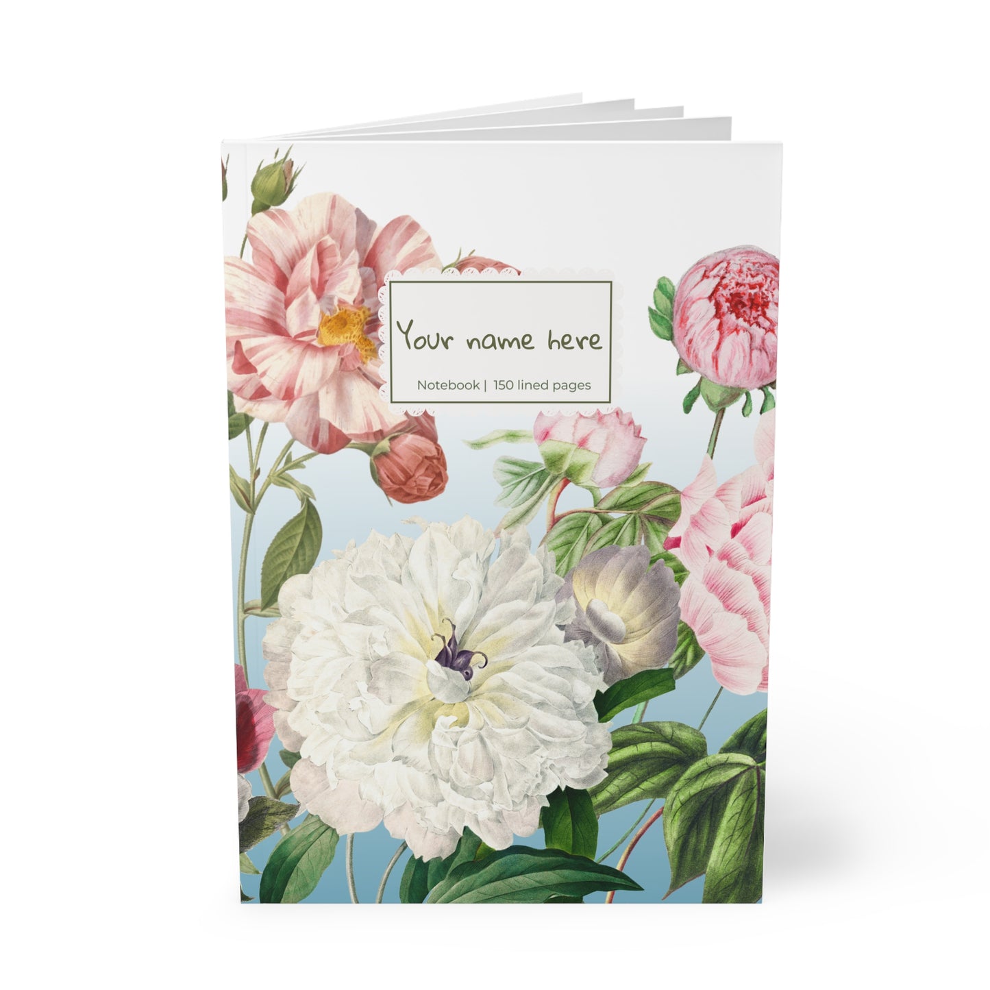 Floral Peony A5 Softcover Notebook  — Personalized 'Your name here' Journal, Vintage Botanical Design
