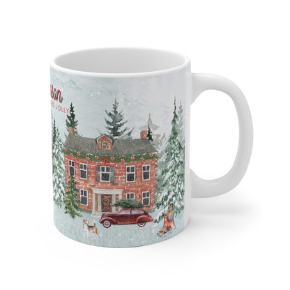 11oz ceramic Christmas mug with winter landscape and festive design Handle Right