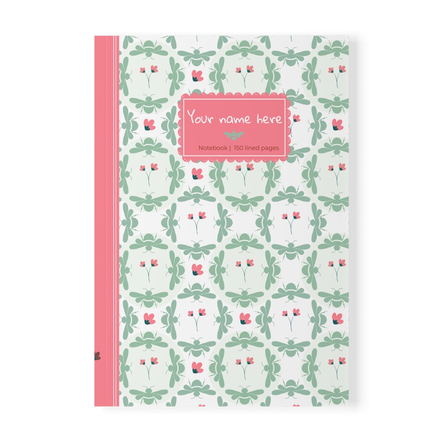 Softcover Notebook A5 Green Bees & Little Pink Flowers — PERSONALIZED Decorative Journal