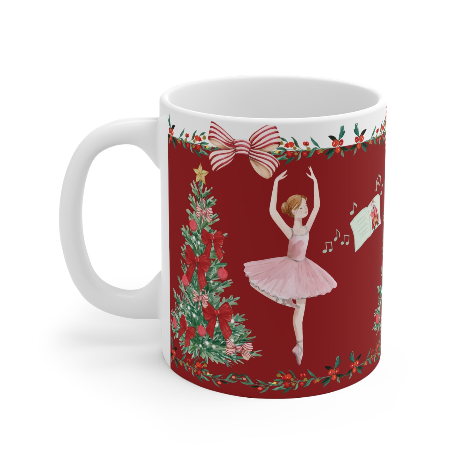 Holiday coffee mug with pink tutu ballet dancer and Christmas nutcracker design