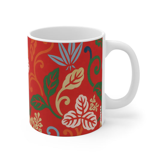 Red Ceramic Coffee Mug with Traditional Japanese Pattern