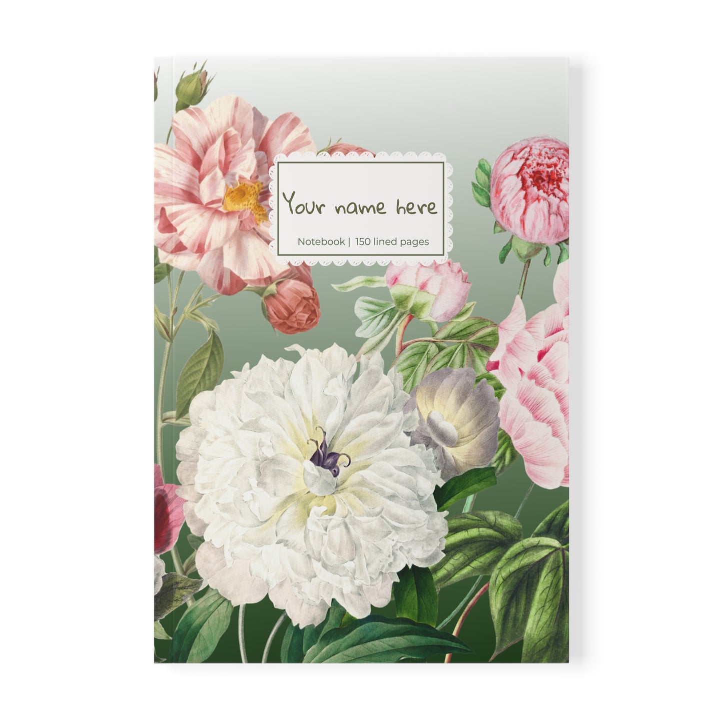 Floral Peony Green A5 Softcover Notebook  — Personalized 'Your name here' Journal, Vintage Botanical Design