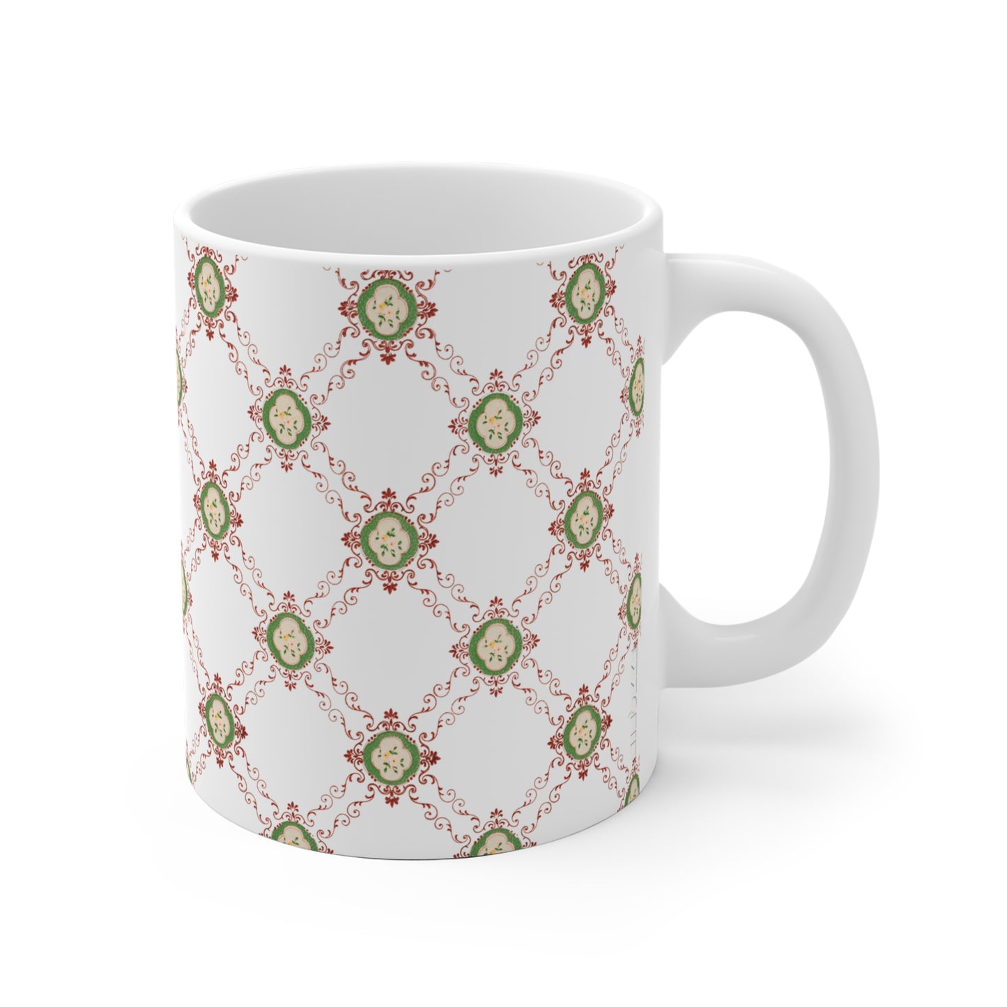 Victorian Floral Pattern Pink and Green (White) Ceramic Coffee Mug