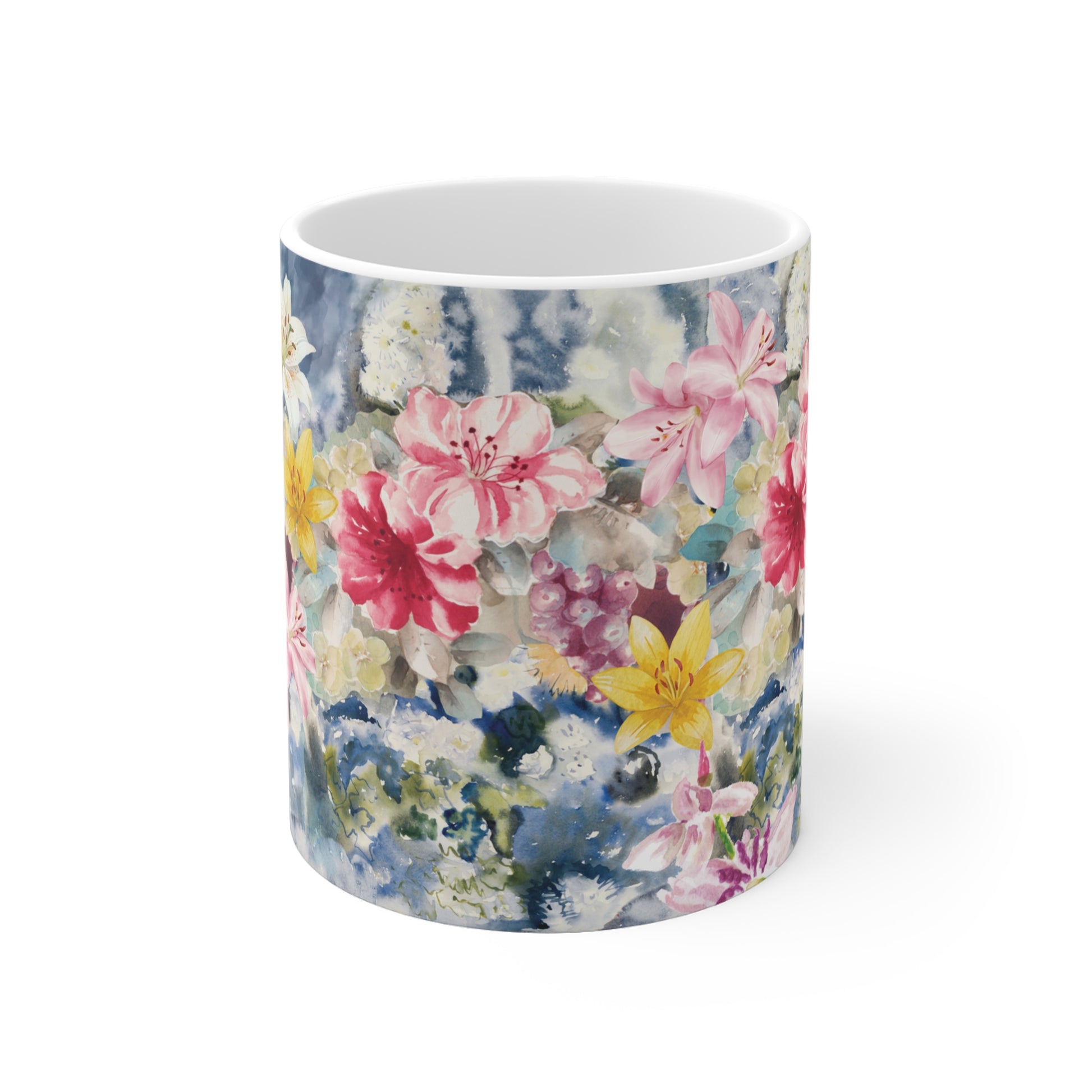 Ceramic tea mug with floral watercolor design with pink and yellow lilies