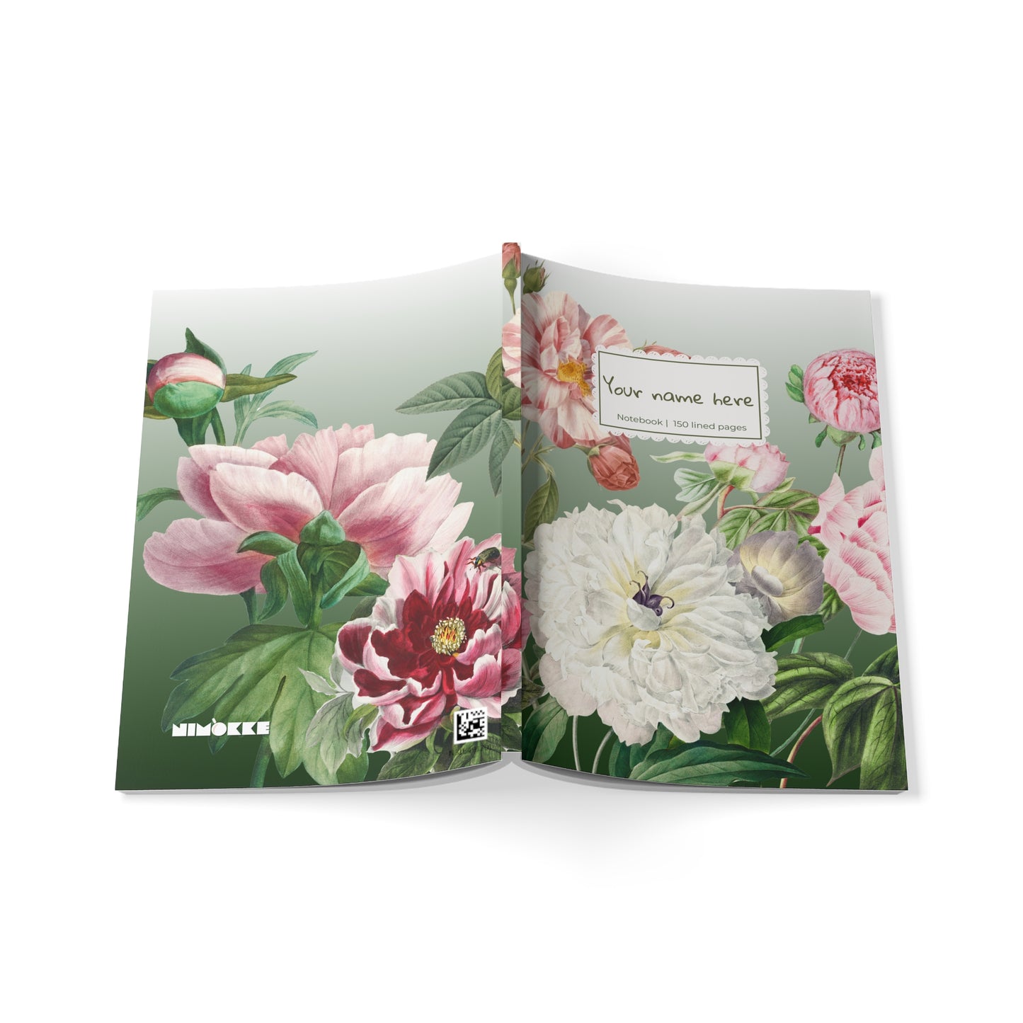 Floral Peony Green A5 Softcover Notebook  — Personalized 'Your name here' Journal, Vintage Botanical Design