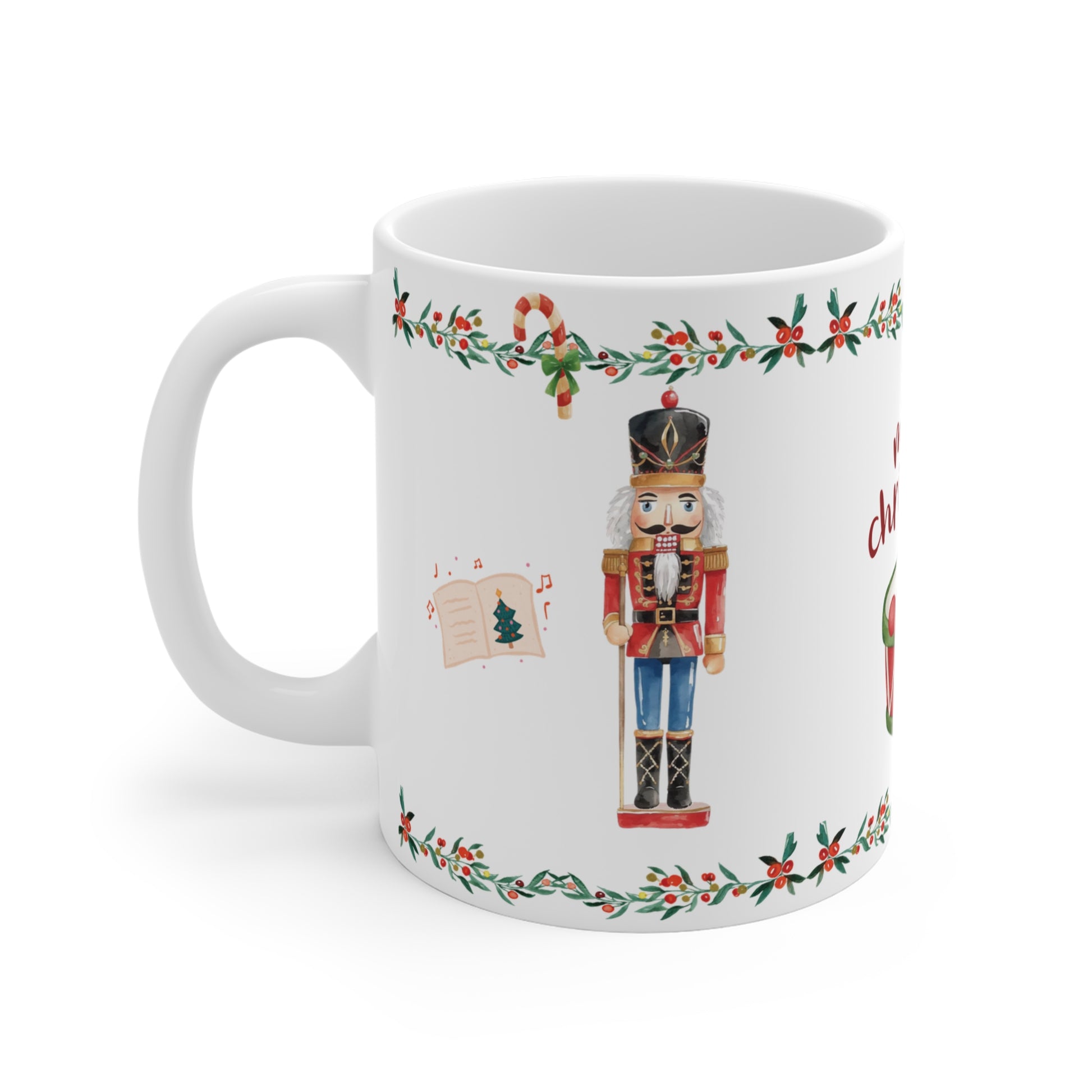 White mug with Christmas-themed design featuring a nutcracker and holly leaves on a white background