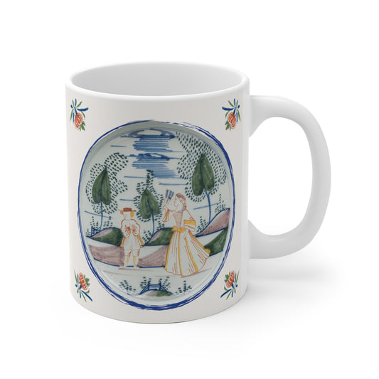 Mug with decorative design of a couple in a landscape Delft Blue inspired