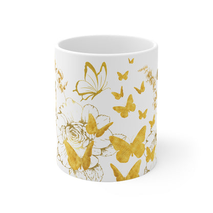 Gold Floral Ceramic Mug with Butterflies