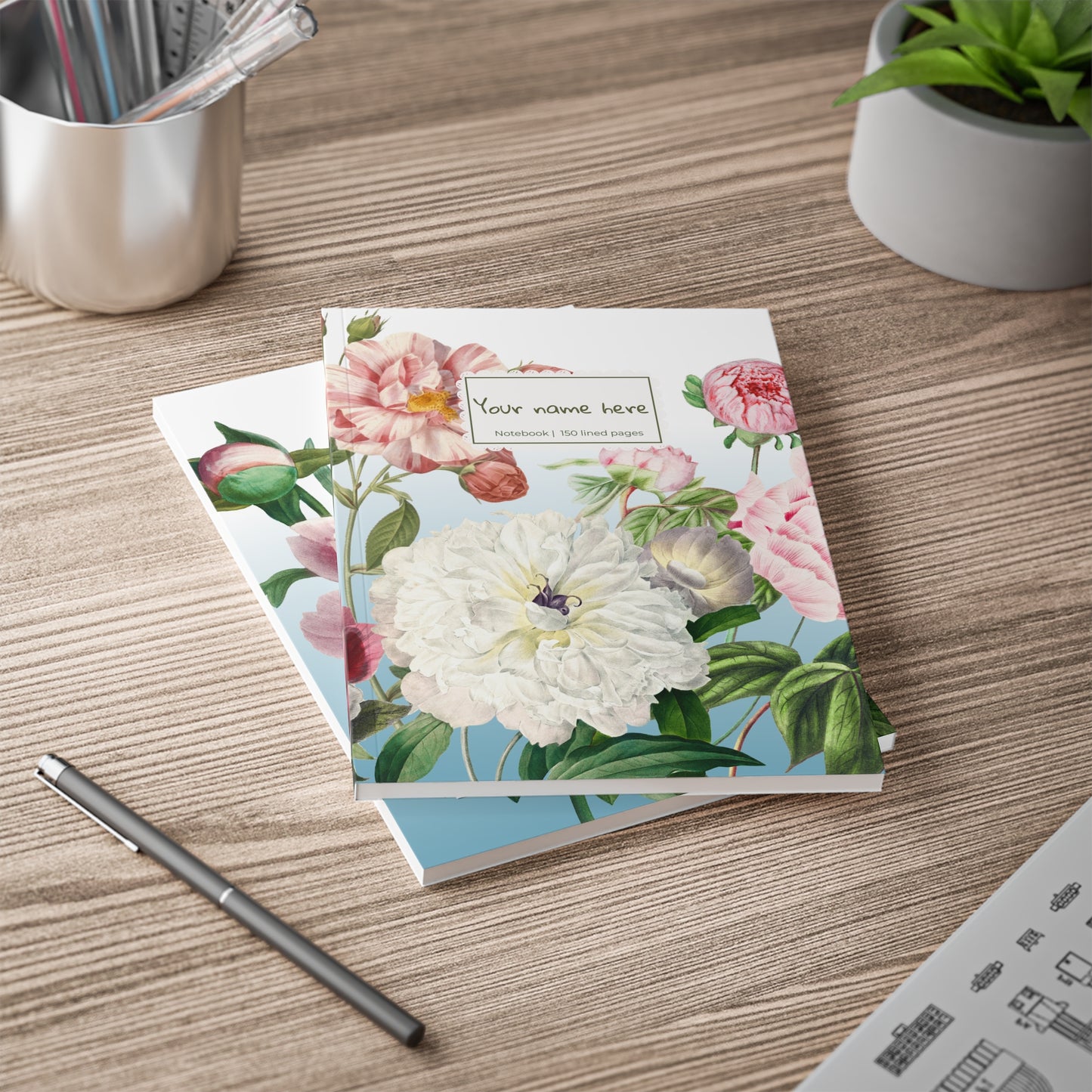 Floral Peony A5 Softcover Notebook  — Personalized 'Your name here' Journal, Vintage Botanical Design