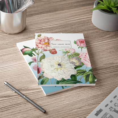Floral Peony A5 Softcover Notebook  — Personalized 'Your name here' Journal, Vintage Botanical Design