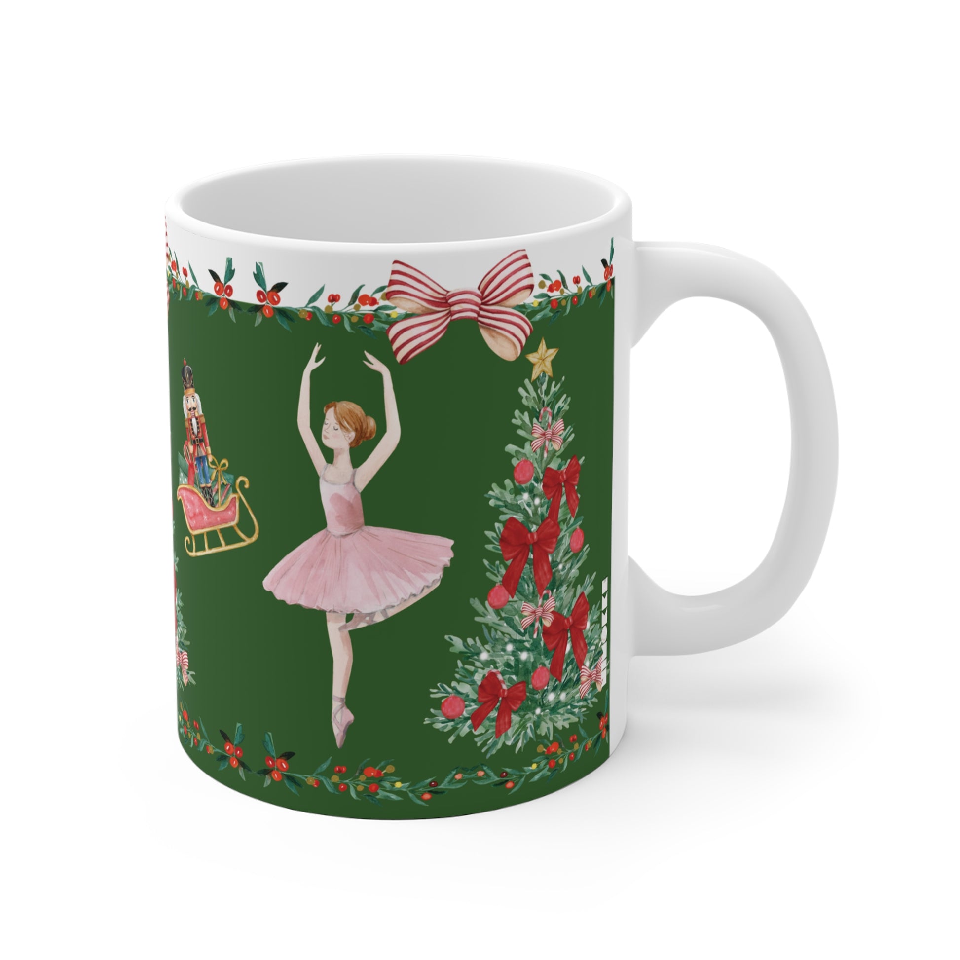 Festive ceramic coffee cup featuring Nutcracker ballet theme and holiday decorations