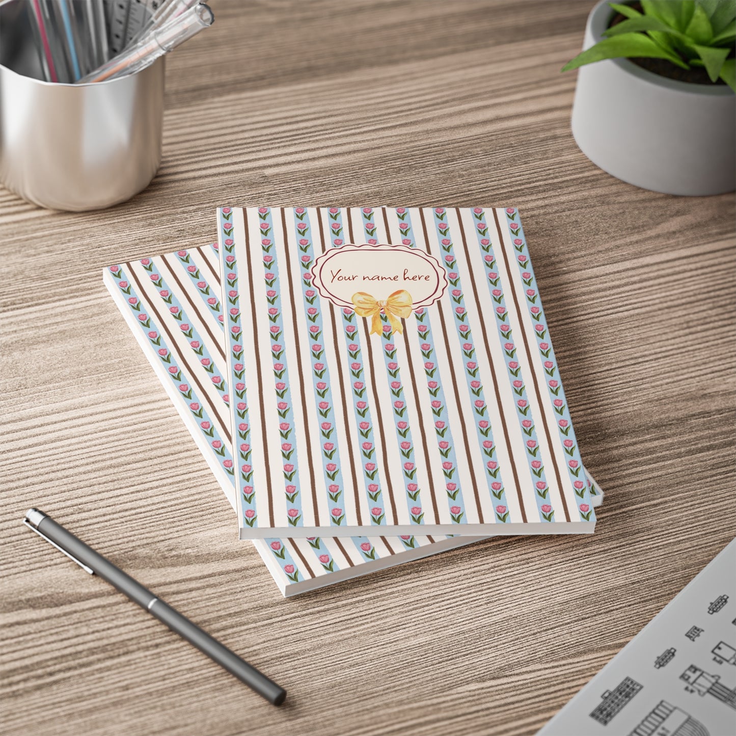Tulips & Yellow Bow 02 Notebook A5 – Personalized Softcover Journal