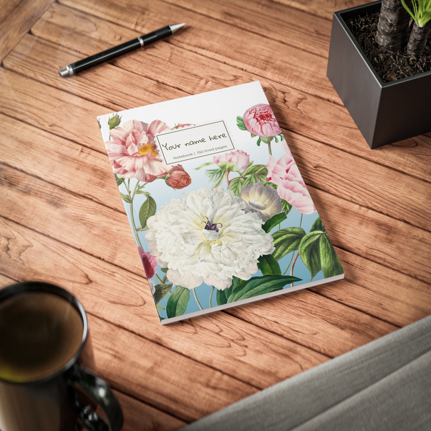 Floral Peony A5 Softcover Notebook  — Personalized 'Your name here' Journal, Vintage Botanical Design