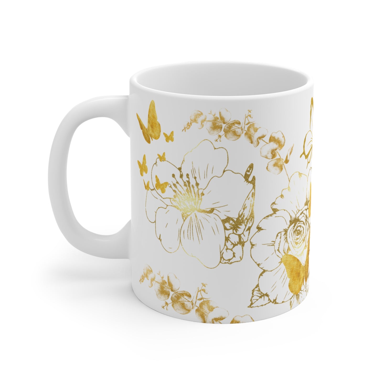 Gold Floral Ceramic Mug with Butterflies