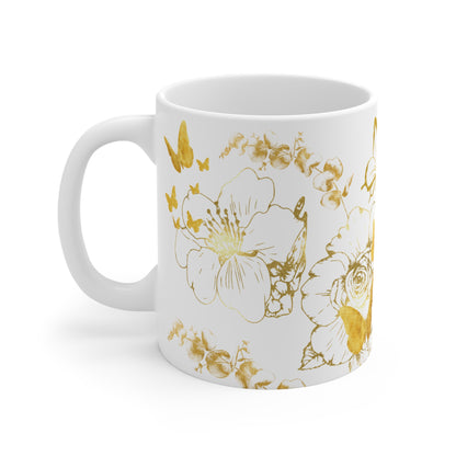 Gold Floral Ceramic Mug with Butterflies