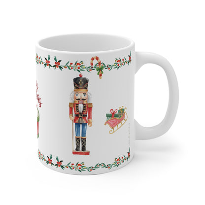 White mug with Christmas-themed design featuring a nutcracker and candy canes on a white background