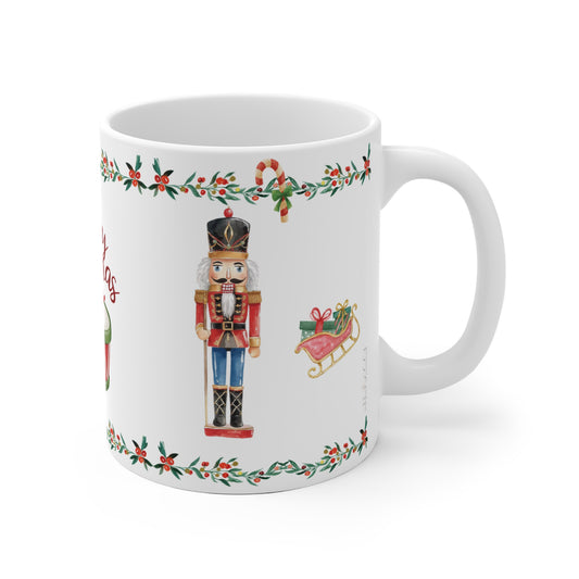 White mug with Christmas-themed design featuring a nutcracker and candy canes on a white background