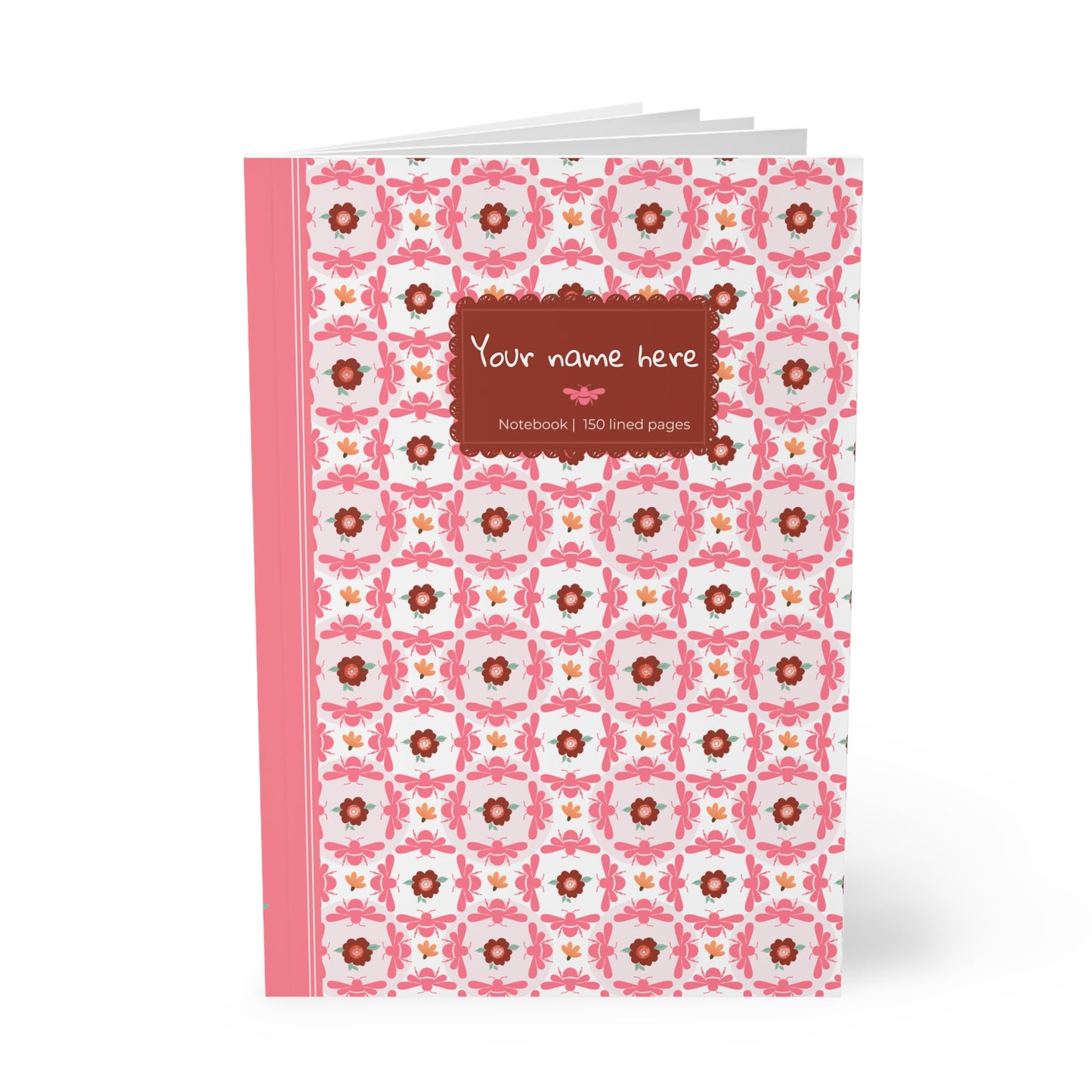 Softcover Notebook A5 Pink Bees & Floral Pattern — PERSONALIZED Decorative Journal